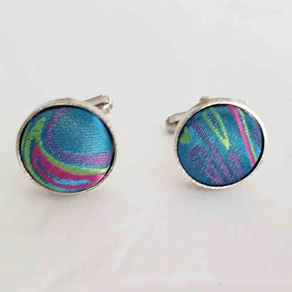 Gascoigne Silk Metal Cufflinks Teal Pink Green Silver Men's